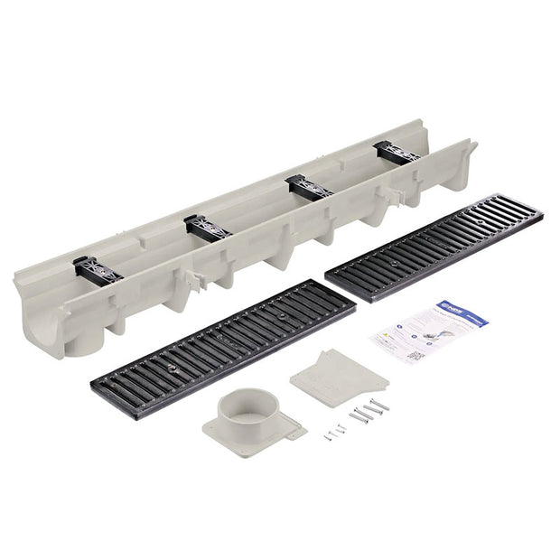 Commercial grade trench drain kit with iron grates