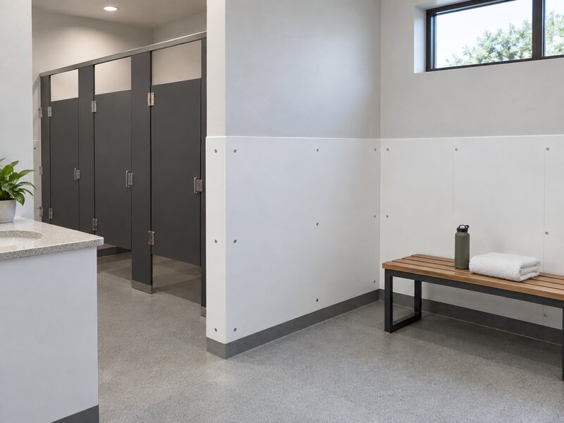 White bathroom wall panels installed in a locker room area near a bench and stalls
