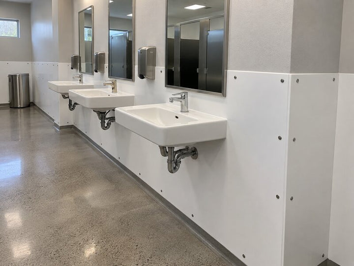 Bathroom wall panels installed along a row of sinks and mirrors in a commercial restroom
