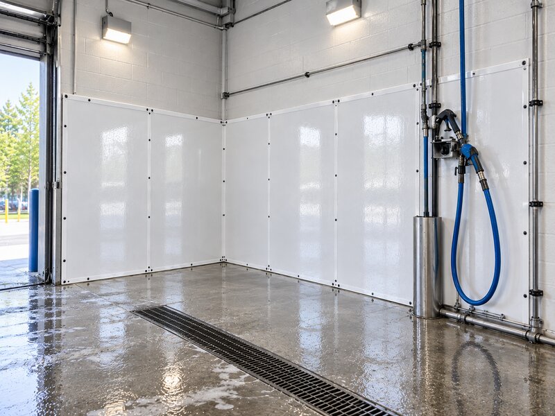 White HDPE wall panels installed around a car wash bay corner with hose and sprayer
