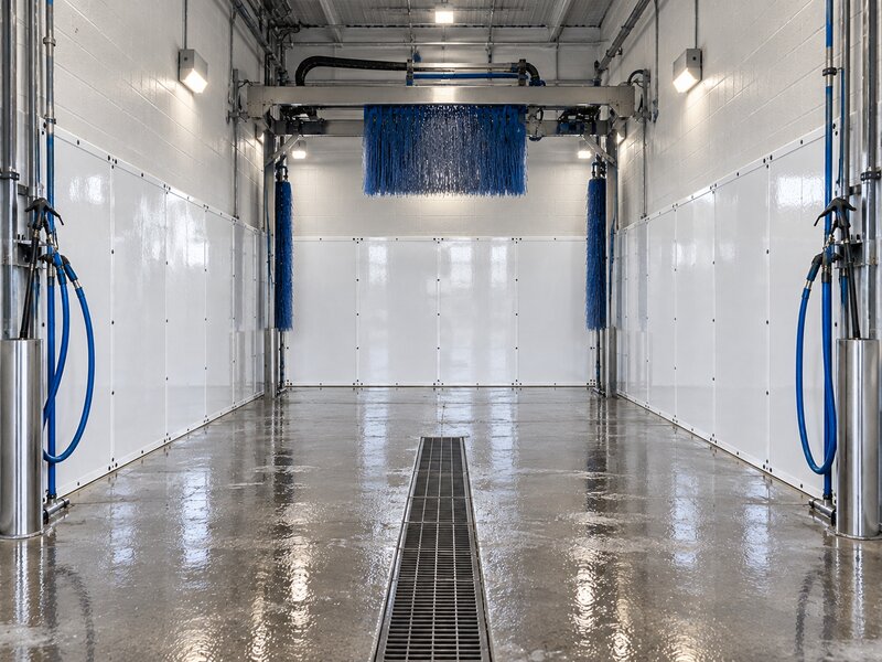 Car wash wall panels lining a tunnel wash bay with dual rotating brushes and hose stations
