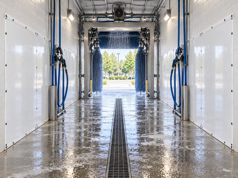 Car wash wall panels lining a tunnel wash bay viewed from the entrance with brush equipment overhead

