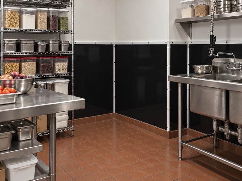 Black FRP wall panels installed near dry storage shelving in a commercial kitchen
