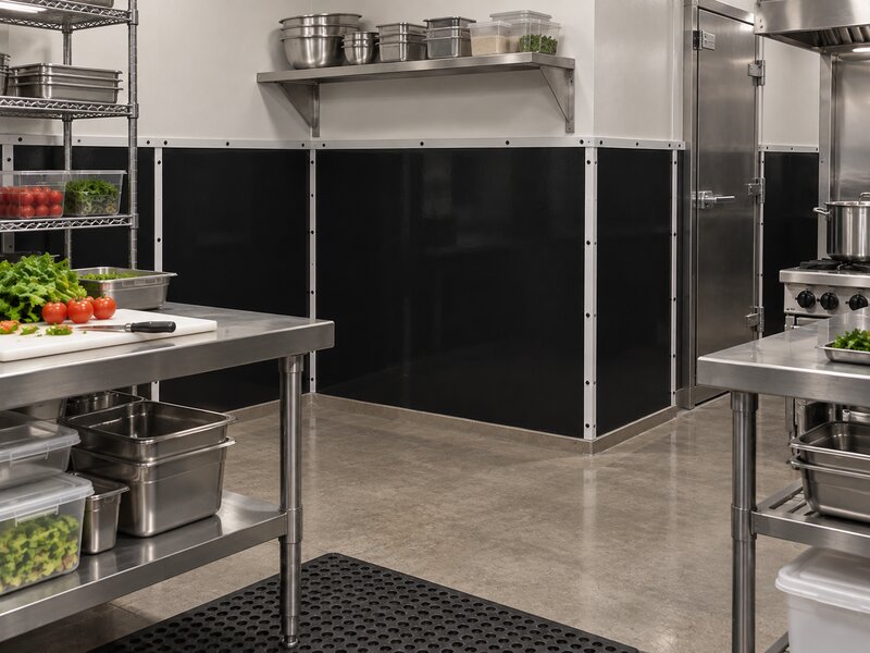 Black FRP wall panels installed in a commercial kitchen prep area near a walk-in cooler
