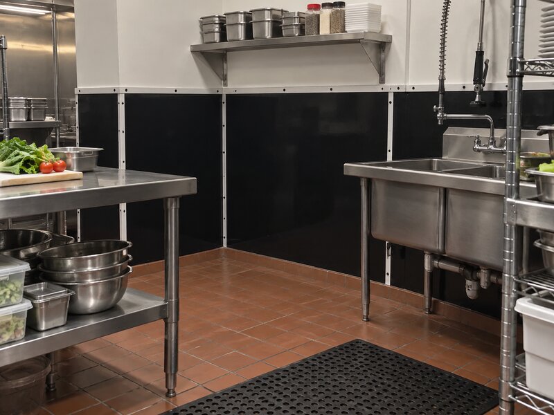 Black FRP wall panels installed behind a prep table and double sink in a commercial kitchen
