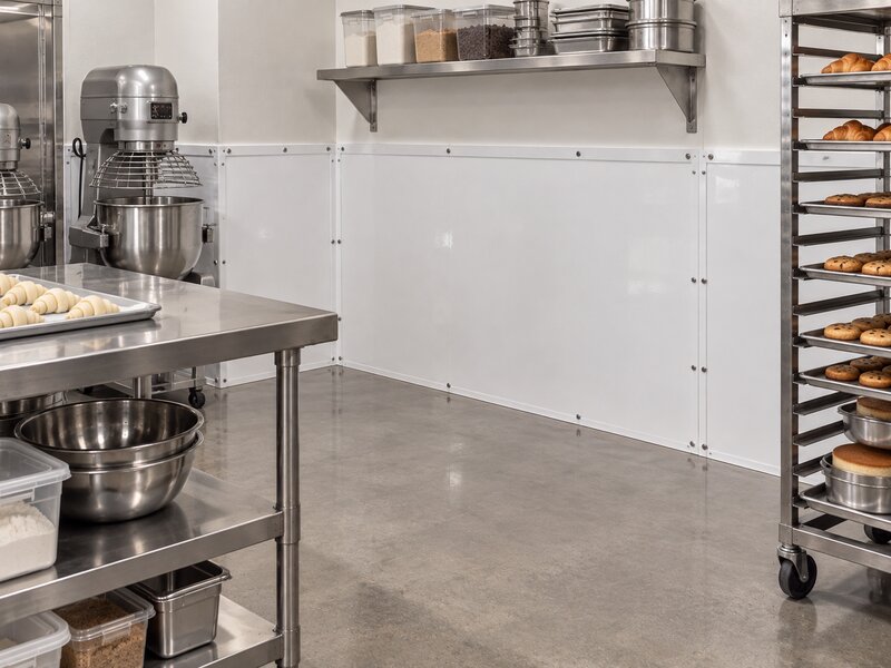 White FRP wall panels installed in a bakery prep area with mixers and pastry racks

