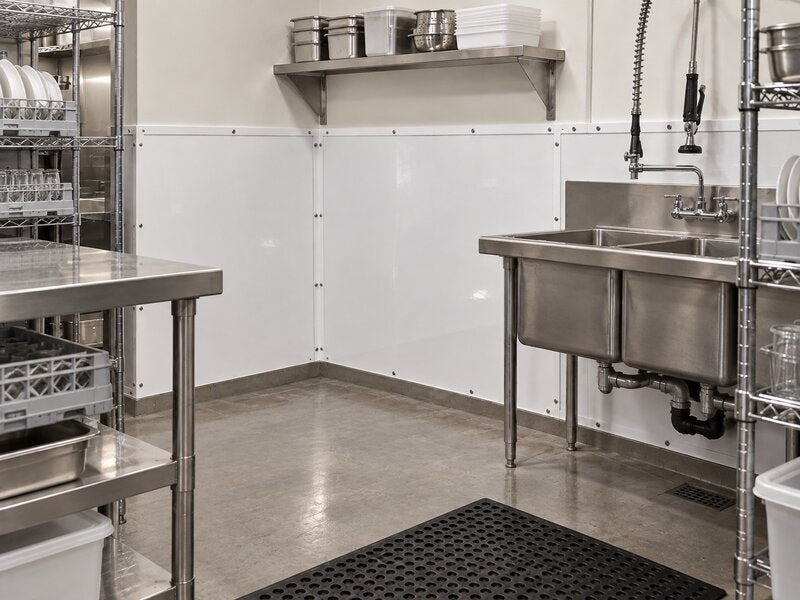 White FRP wall panels installed behind a sink and dish rack in a commercial kitchen
