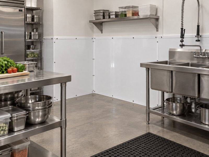 White FRP wall panels installed behind a three-compartment sink station in a commercial kitchen
