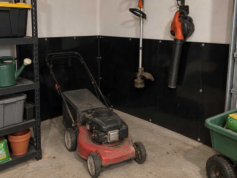 Garage corner with black HDPE wall liner behind stored lawn mower and yard tools
