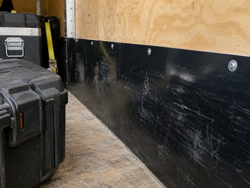 Equipment cases stacked in a trailer corner lined with black HDPE wall panels
