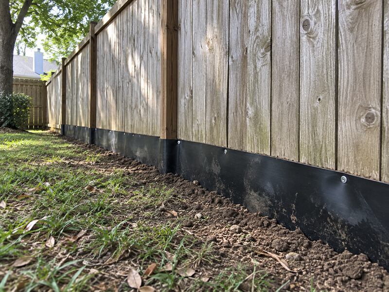 Black HDPE under fence barrier installed along the base of a wood privacy fence in a backyard
