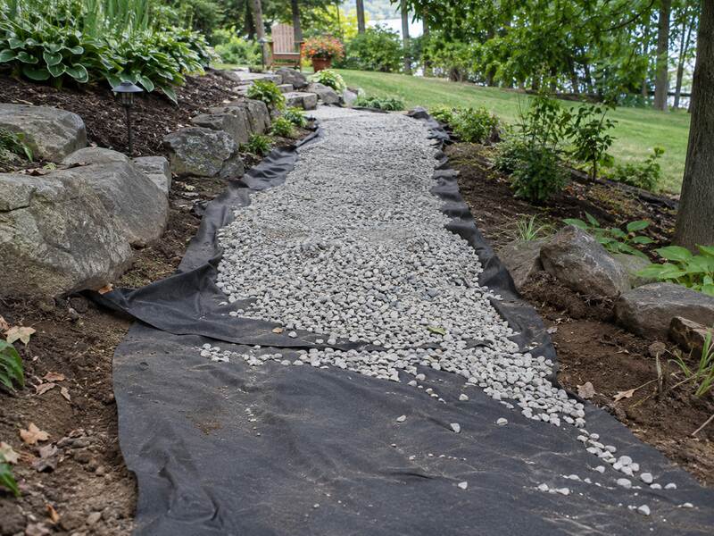 Non-woven fabric lining a gravel walkway path through a lakeside garden
