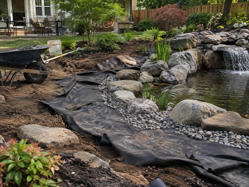 Non-woven fabric lining the rock edge of a backyard pond and waterfall installation
