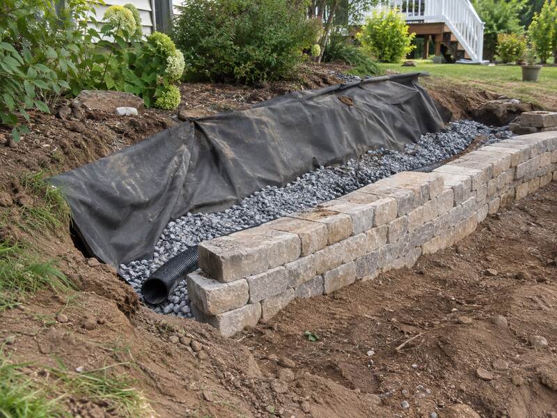 Non-woven fabric wrapping drainage gravel and pipe behind a block retaining wall
