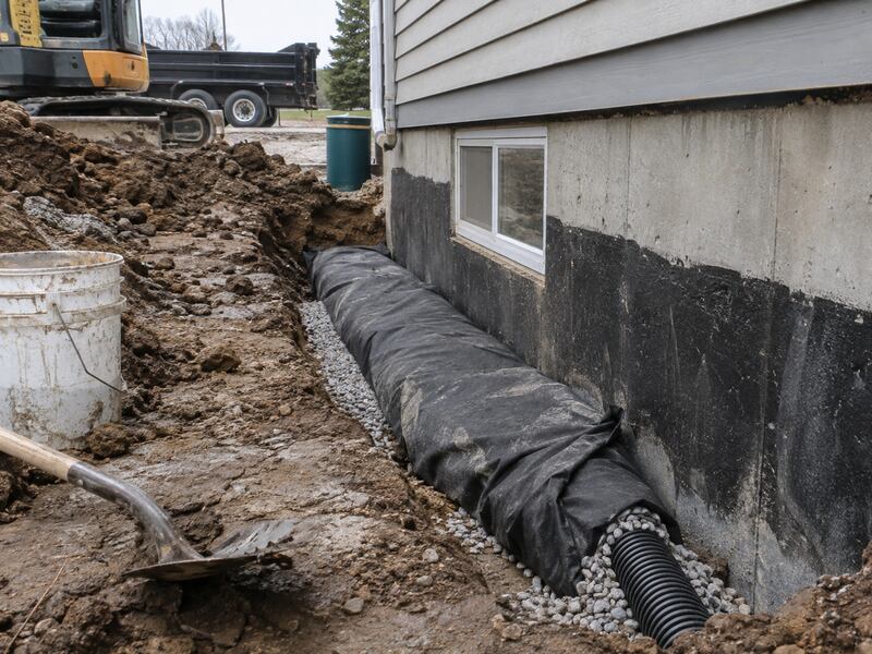 Non-woven geotextile fabric wrapping gravel and drain pipe along a house foundation
