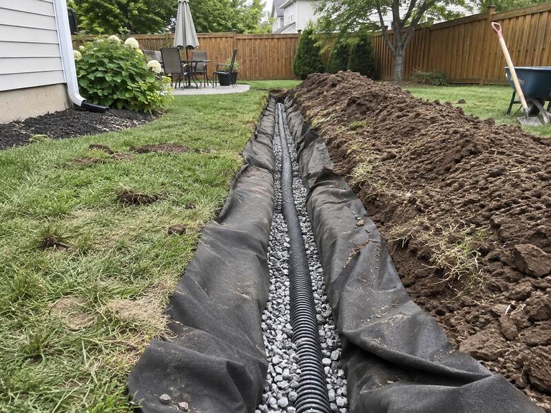 Non-woven geotextile fabric lining a French drain trench with gravel and perforated pipe in a backyard
