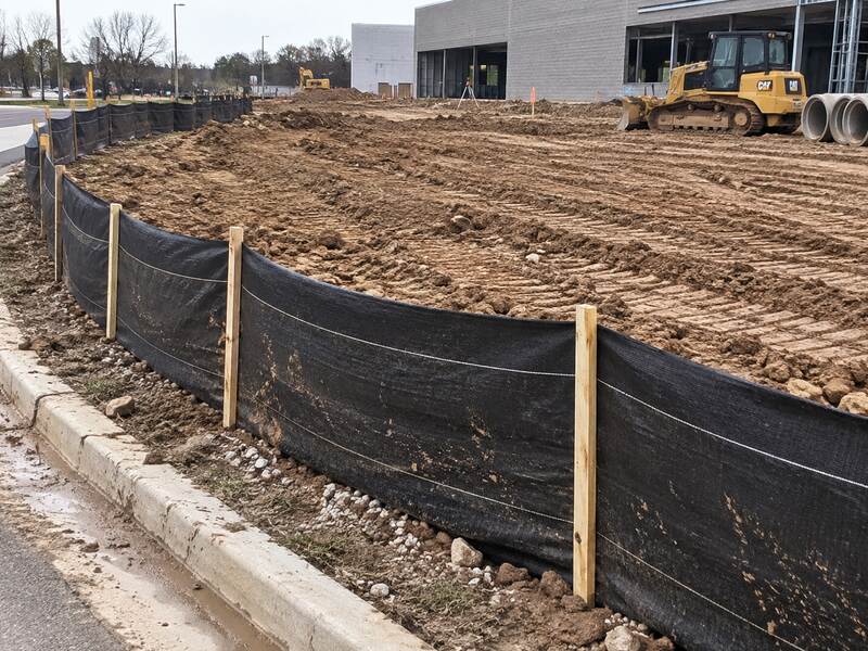 Silt fence installed along a curb at a commercial building construction site
