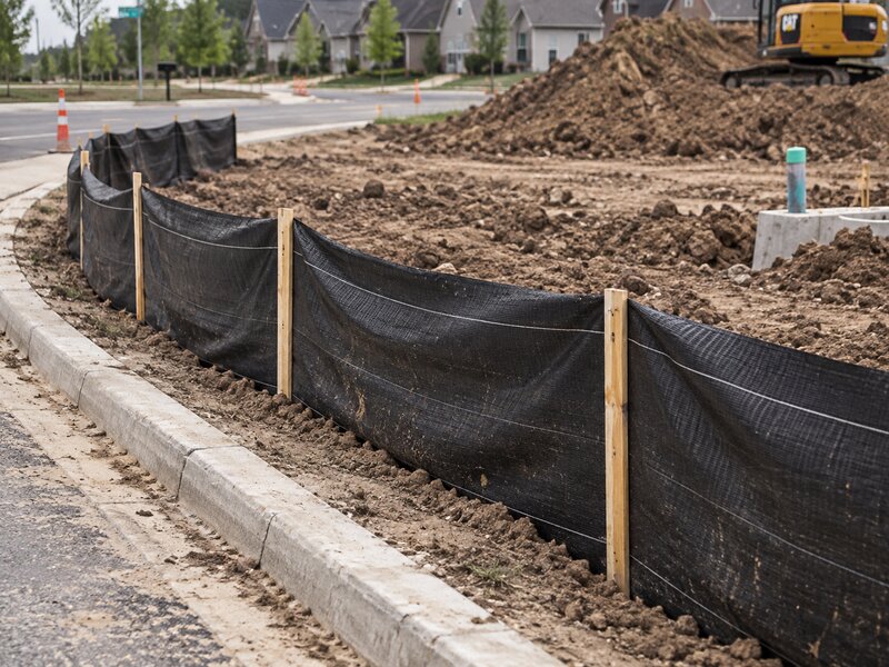 Silt fence lining a curb beside a graded lot in a residential subdivision under construction
