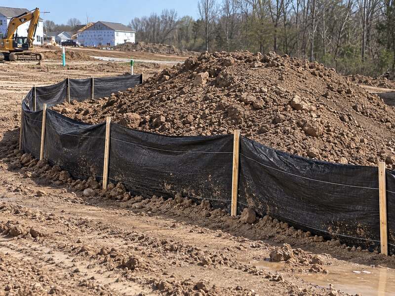 Silt fence installed around a large dirt stockpile at a subdivision construction site
