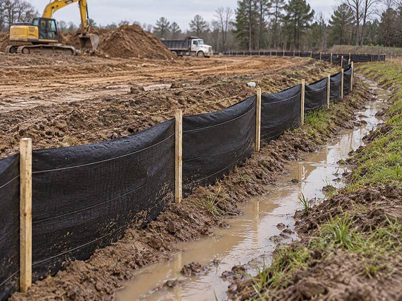 Silt fence lining a muddy drainage ditch at a rural construction site
