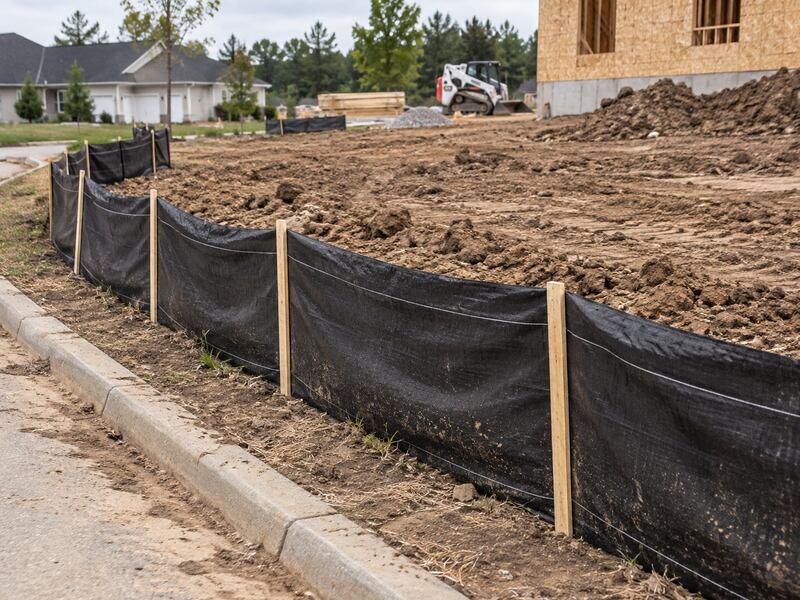 Silt fence installed along a curb at a new home construction site in a residential subdivision
