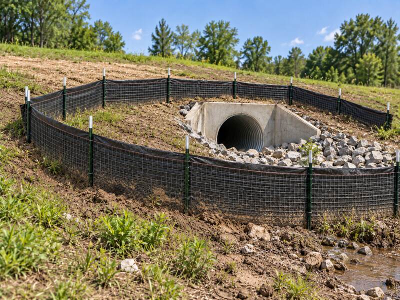 Wire backed silt fence surrounding a culvert inlet on a graded hillside
