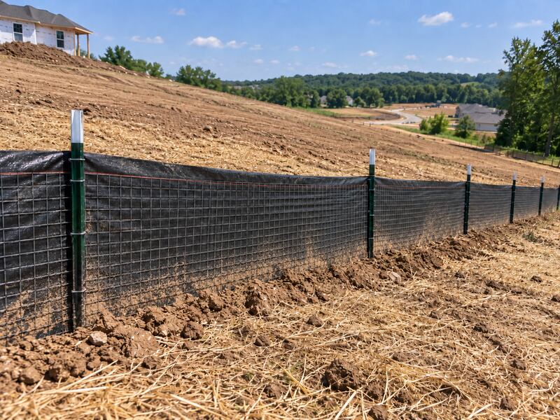Wire backed silt fence lining the base of a straw-matted hillside slope for erosion control
