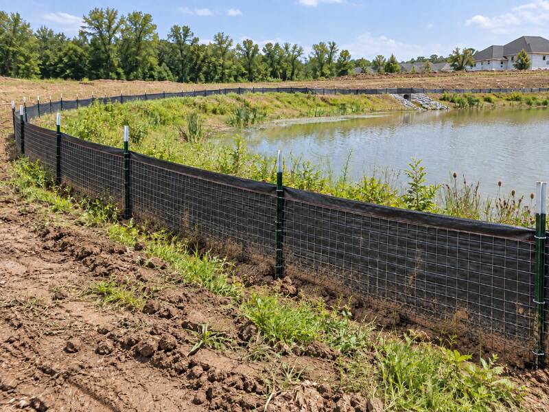Wire backed silt fence lining the shoreline of a detention pond at a construction site
