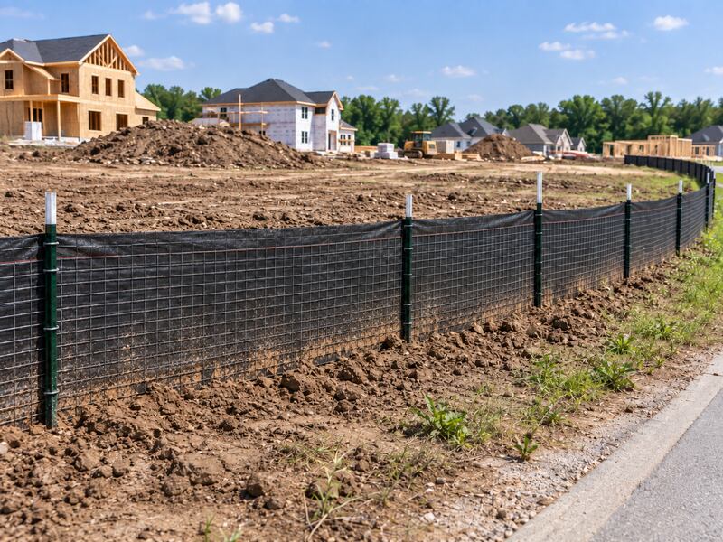 Wire backed silt fence installed along a curb at a residential subdivision construction site
