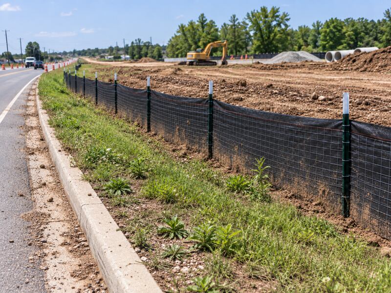 Wire backed silt fence lining a rural highway construction site with excavator and culvert pipes
