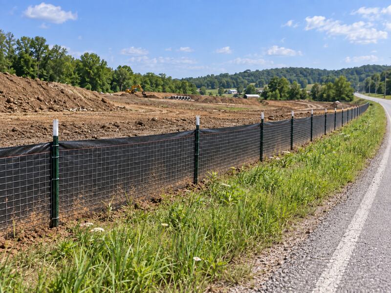 Wire backed silt fence lining a roadside ditch at a highway construction project
