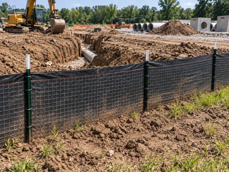 Wire backed silt fence installed beside a utility trench with pipe and concrete vaults
