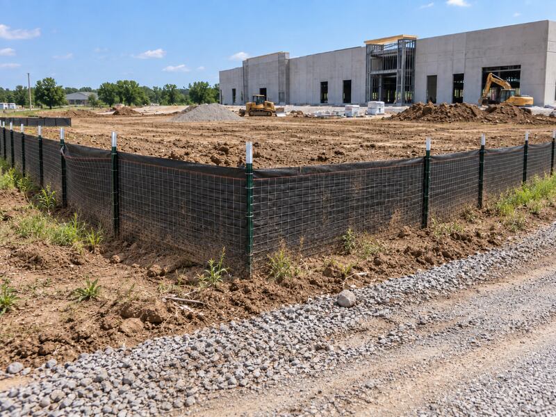 Wire backed silt fence surrounding the perimeter of a warehouse construction site
